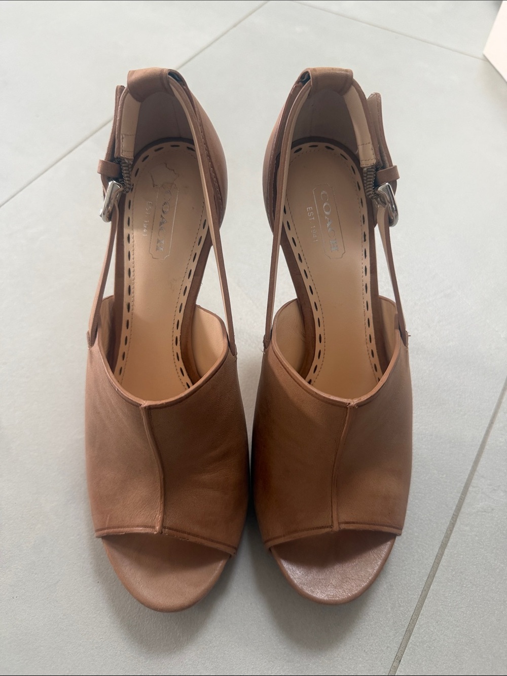 Coach Brown Leather Peep-Toe Slingback Heels